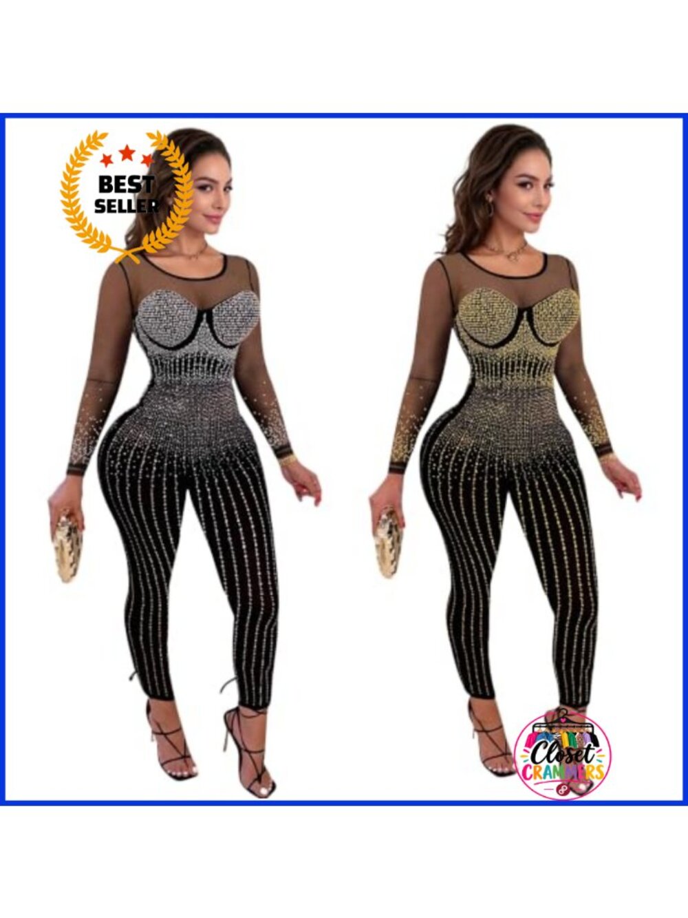 Rhinestone Bodycon Jumpsuit Mesh See Through Long Sleeve Clubwear Party Romper